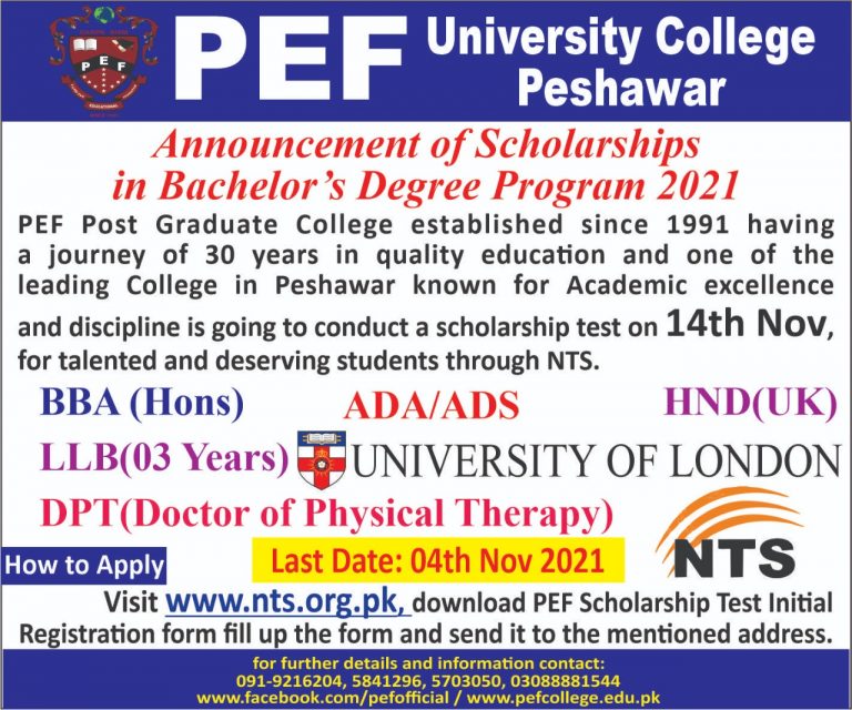 PEF Post Graduate College Peshawar NTS Scholarship 2025 Apply Online 15 PEF Post Graduate College Peshawar NTS Test Result 2025 Merit List