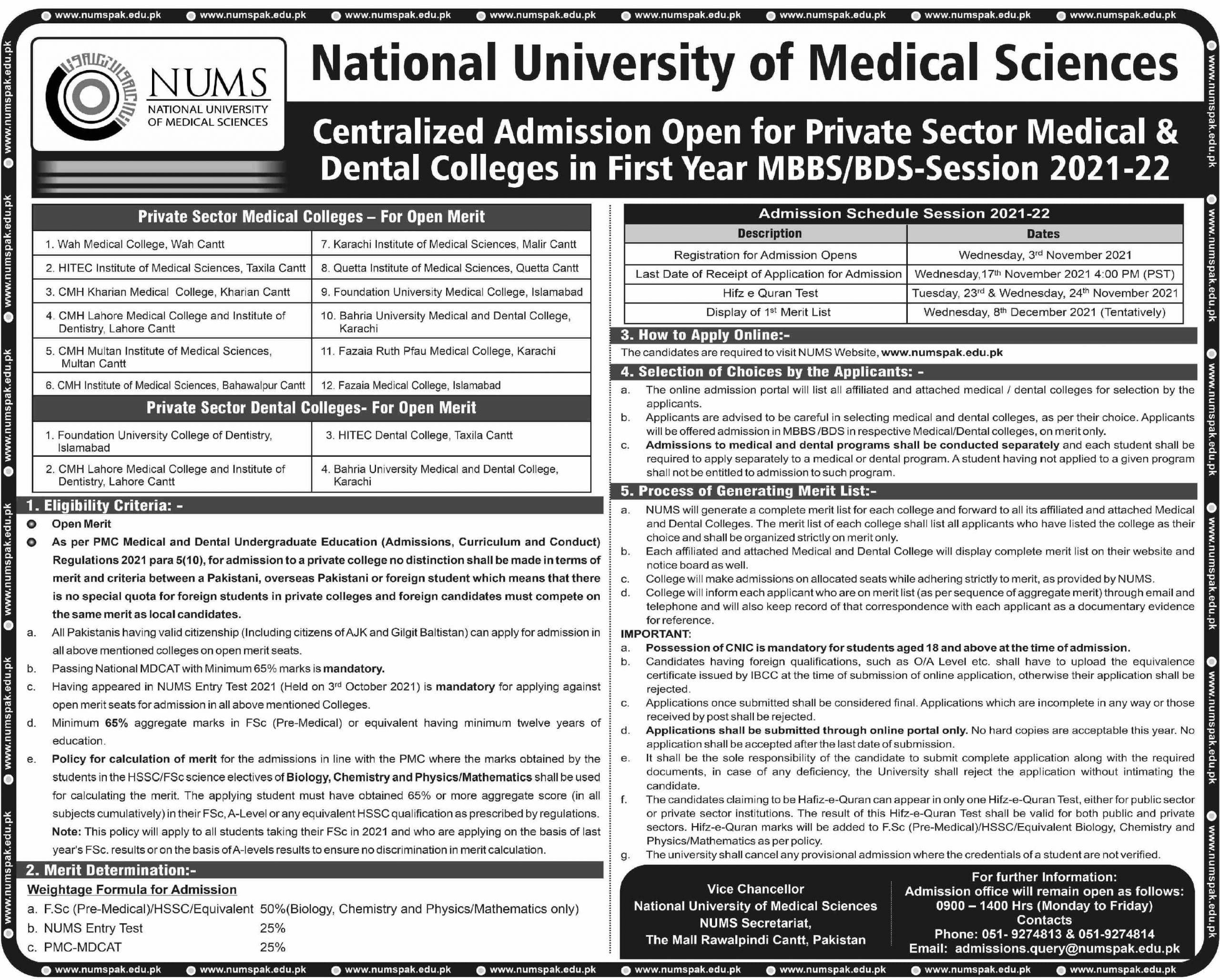 NUMS Admission 2025 Apply Online