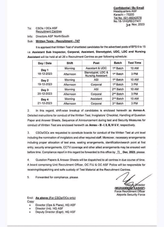 ASF Written Test Roll Number Slip