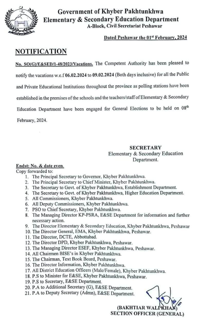 Election Holidays in Punjab Sindh Balochistan KPK Notification