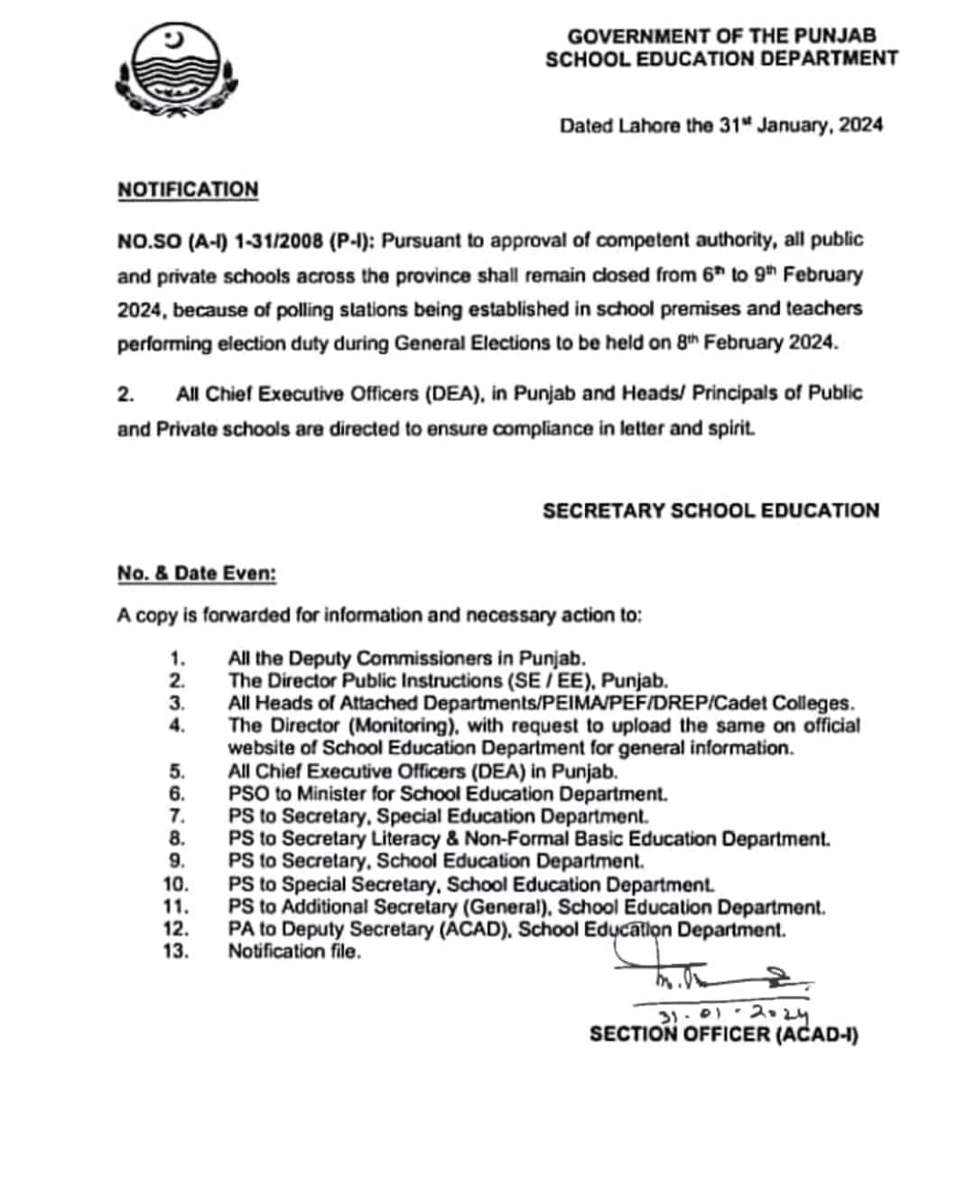 Election Holidays in Punjab Sindh Balochistan KPK Notification