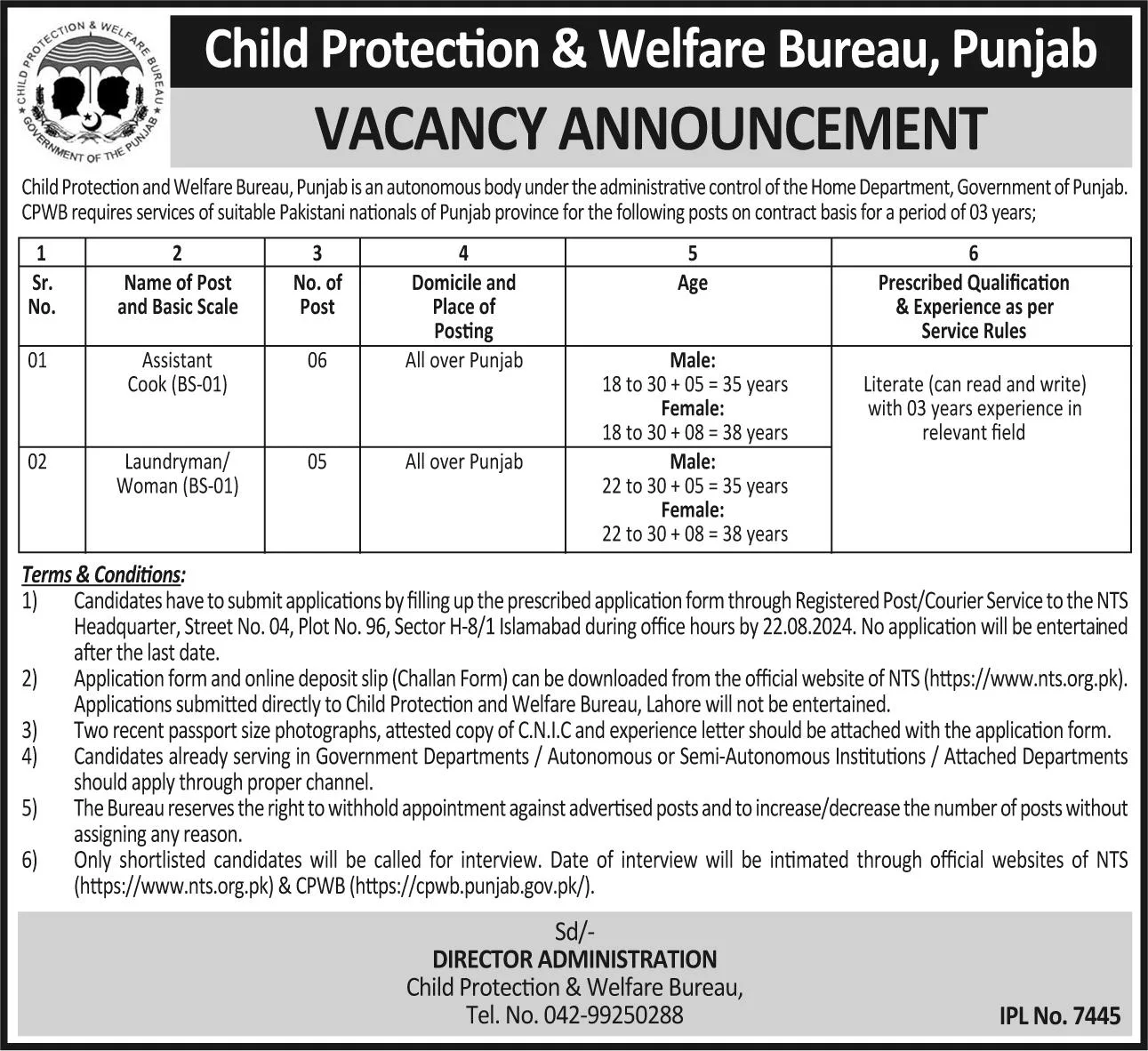 Child Protection Welfare Bureau NTS Registration 2025 Online Roll Number Slip